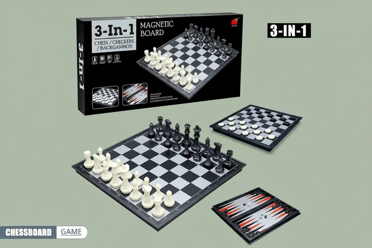 Board Game Magnetic 3 in 1 Kids and Adult, Folding Portability Travel Chess Set