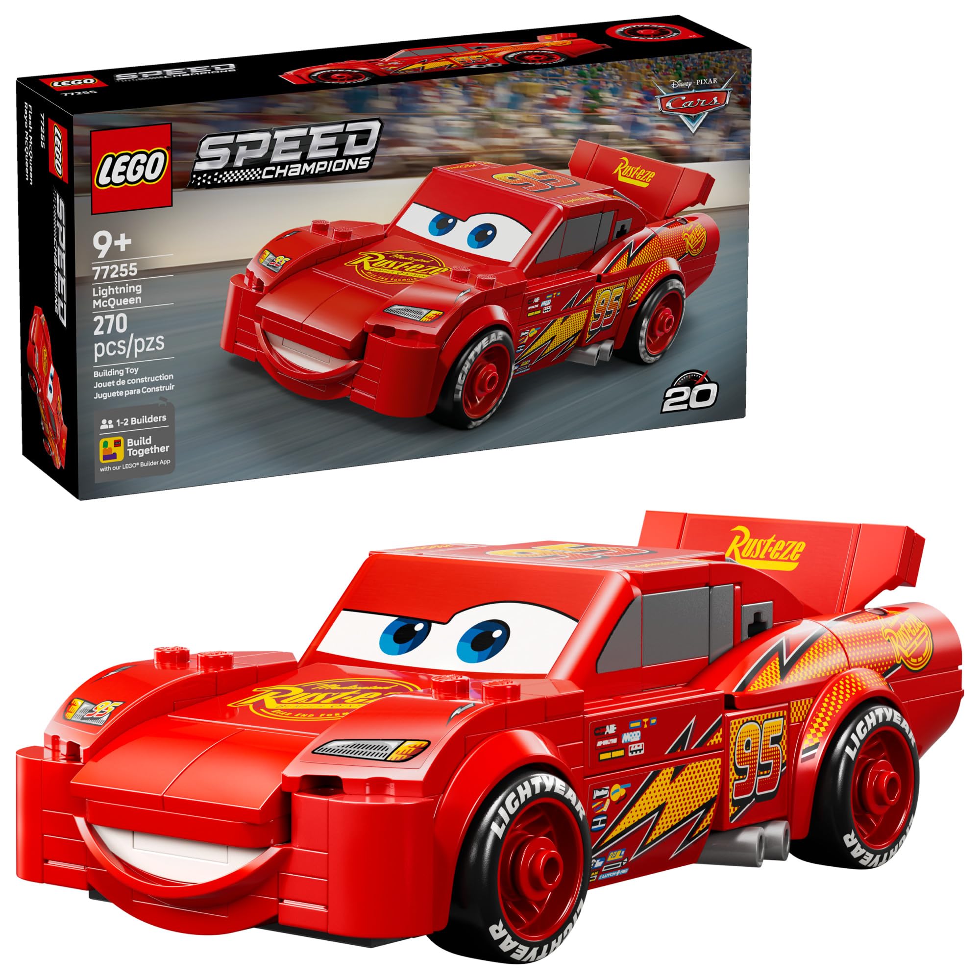 LEGO Speed Champions Lightning McQueen Toy - Disney Pixar Cars Building Blocks for Kids, Boys & Girls, Ages 9+ - Pretend Play Race Car & Bedroom Shelf Display - 77255
