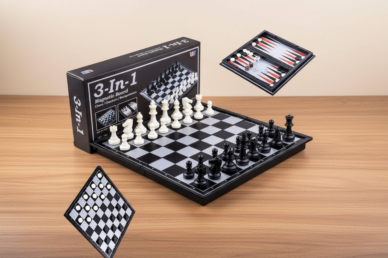 Board Game Magnetic 3 in 1 Kids and Adult, Folding Portability Travel Chess Set